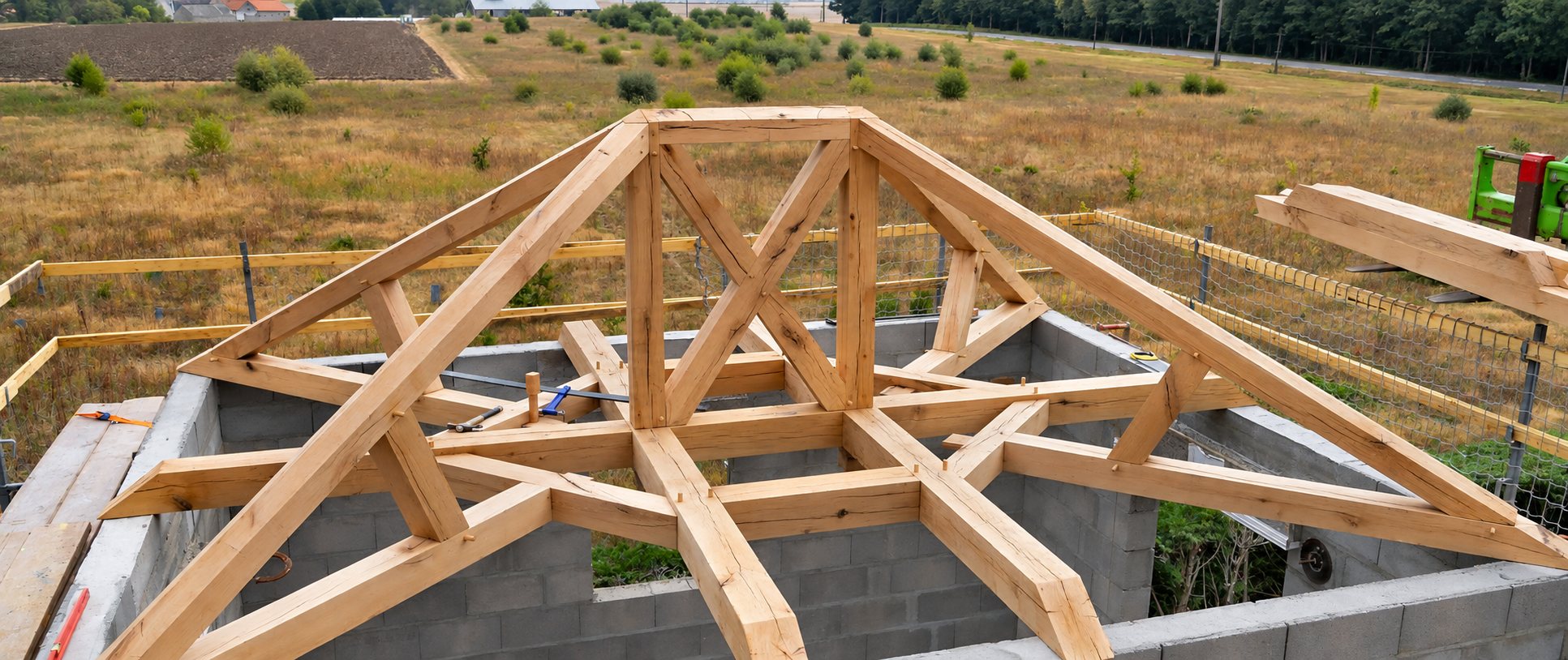 Charpente traditionnelle en bois clair assemblée au-dessus de murs en parpaings, dans un champ avec une clôture de chantier en arrière-plan.