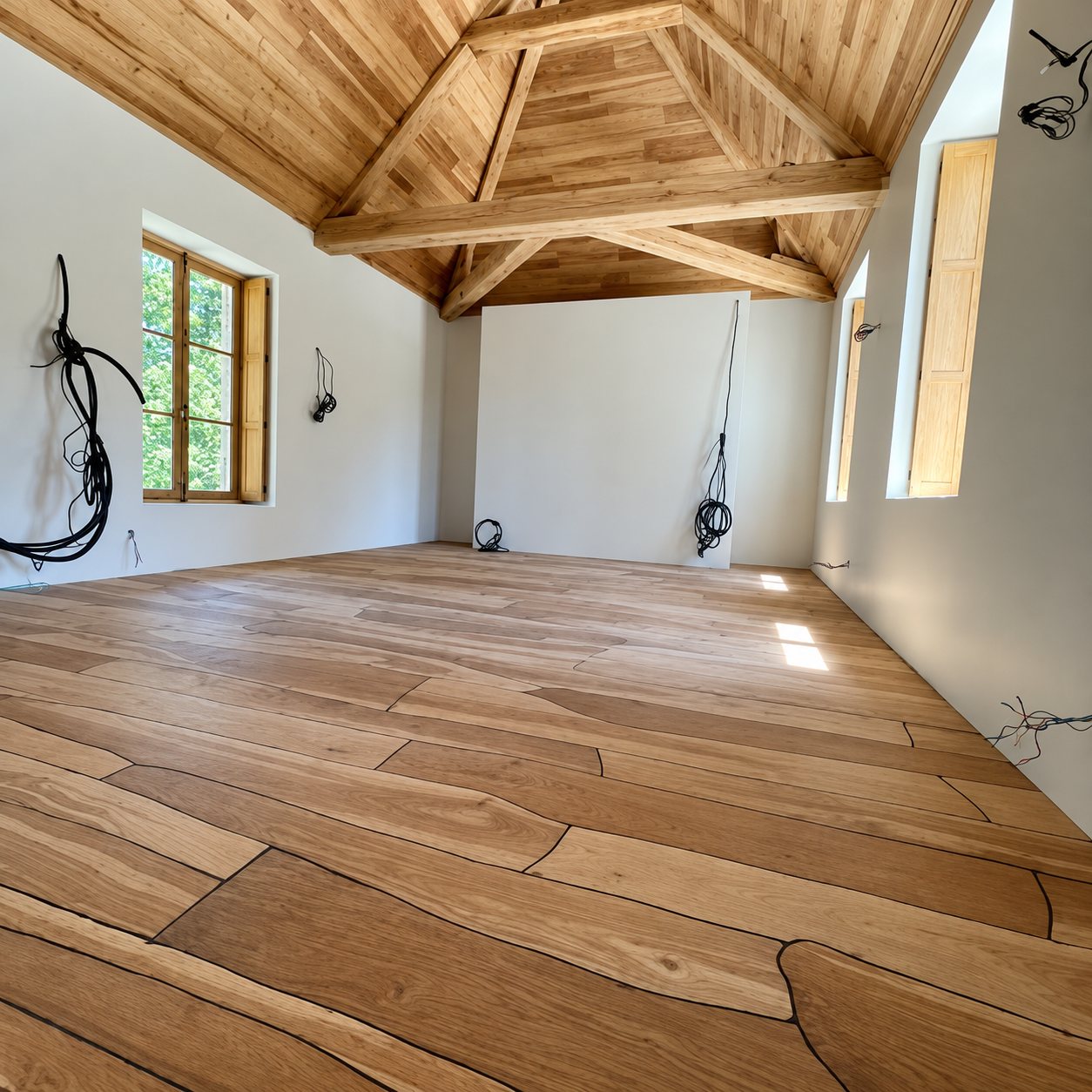 Une pièce en rénovation avec un grand parquet en chêne aux lames irrégulières, un plafond en bois à charpente apparente et des fils électriques en attente aux murs.