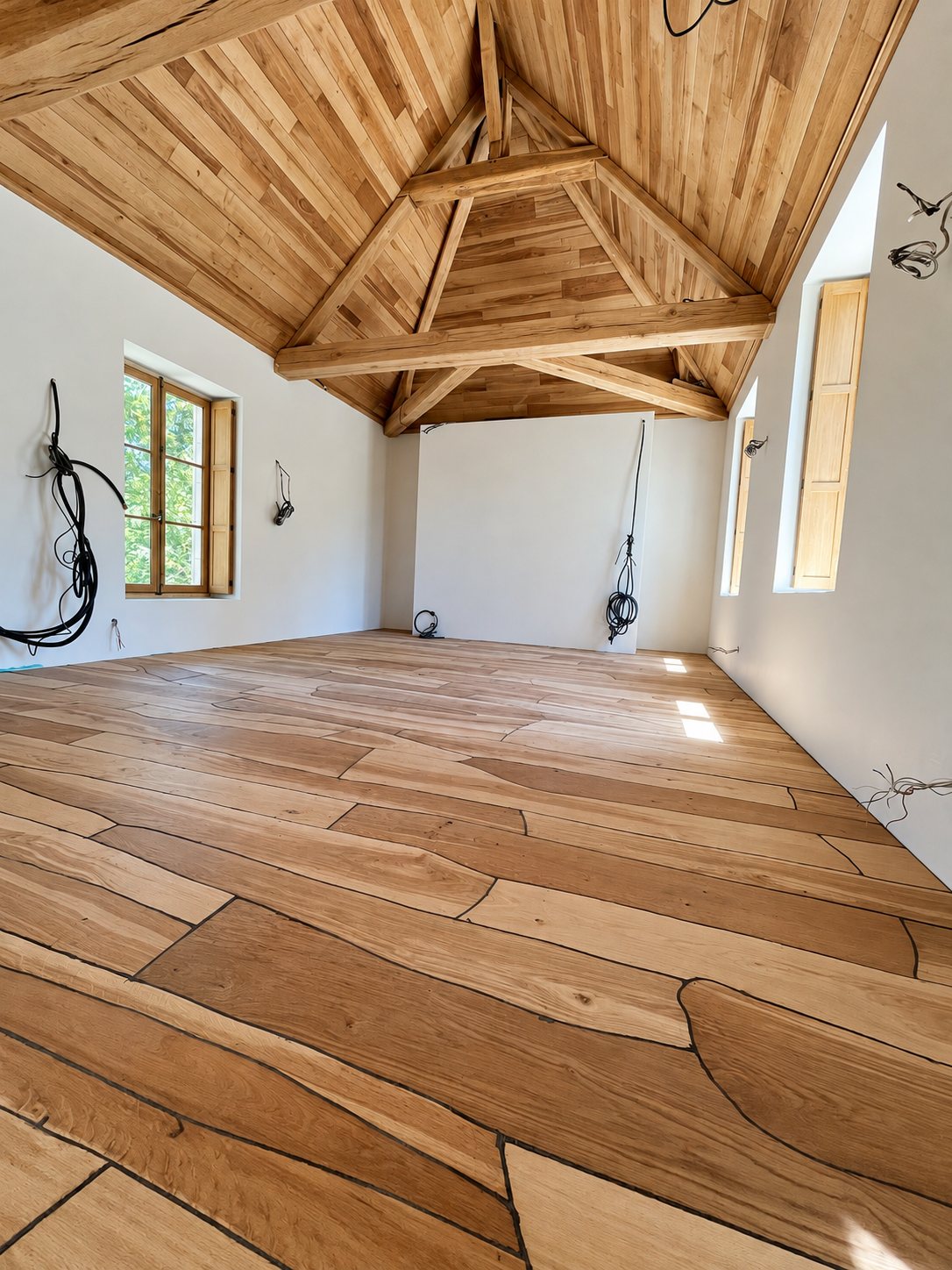 Une pièce en cours de rénovation avec un large parquet en chêne aux lames irrégulières, une charpente en bois apparente, des murs blancs et des fenêtres à volets en bois.